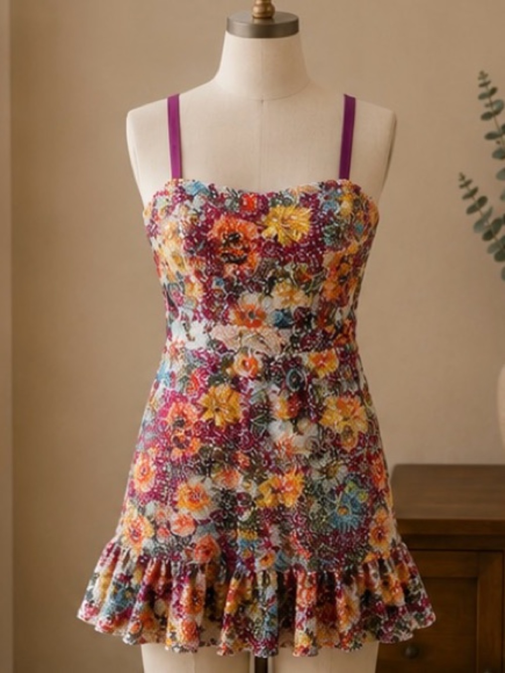 NWT Aqua Floral Sequin Mini Dress Fairycore Ruffle Hem Size XS